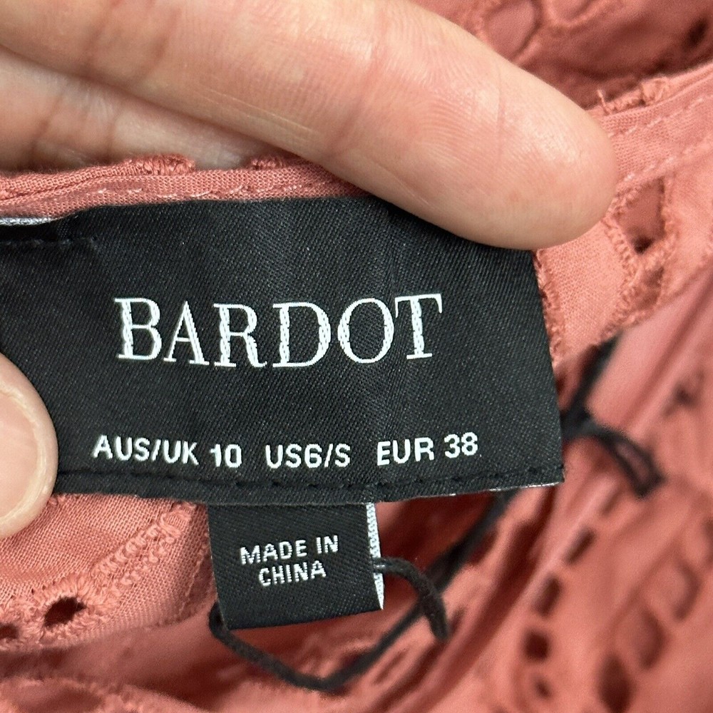 Revolve Bardot Aria Eyelet Cutout Short Dress Ruffle Moroccan Rose US S Uk10 - Picture 14 of 16